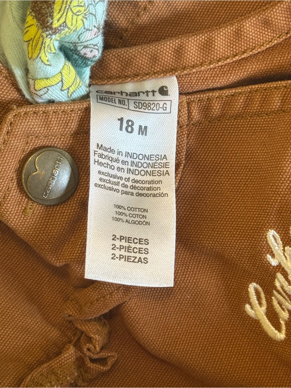 +NWOT Carhartt Baby Girl 2pc Overall Set 18M Brown Ruffle Bib Sunflower Top - Picture 4 of 6